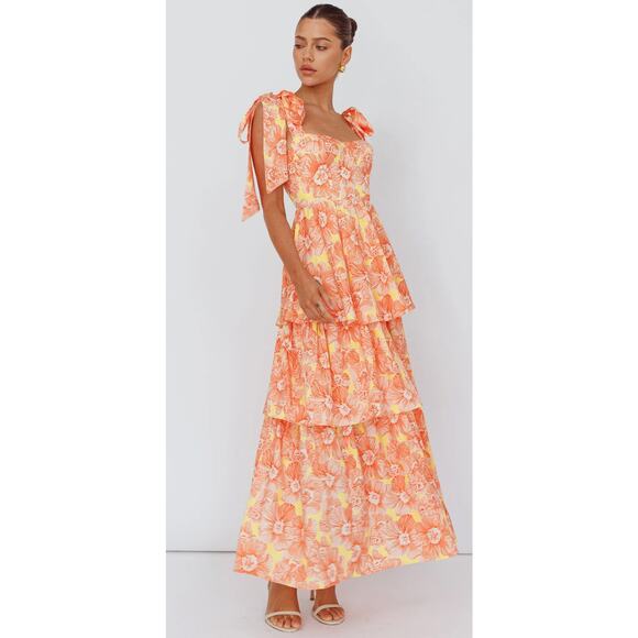 Selfie Leslie Arlowe Tied Shoulder Floral Tiered Midi Dress Orange Women Size 12 - Picture 2 of 14